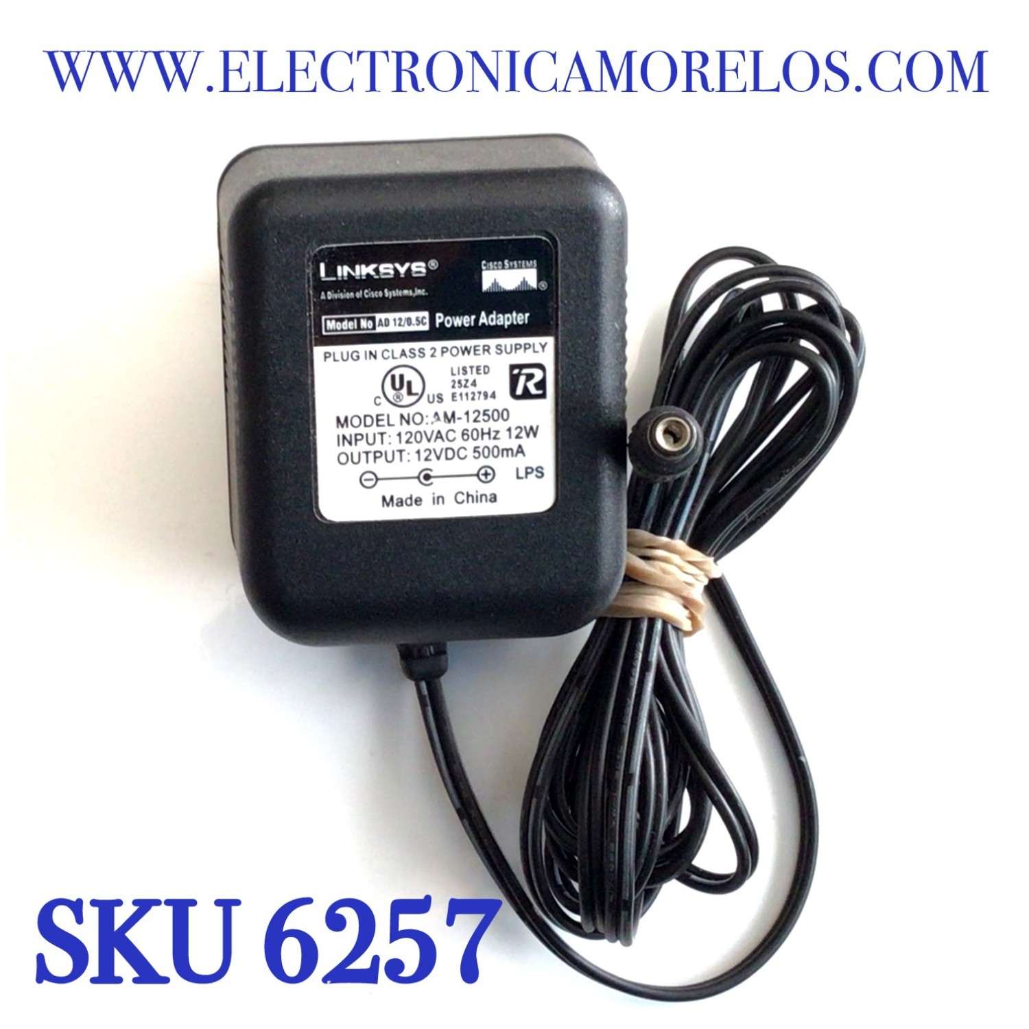 CARGADOR / ADAPTADOR DE FUENTE DE ALIMENTACION LINKSYS / VCA-VCD / NUMERO DE PARTE AM-12500 / 25Z4 / E112794 / ENTRADA VCA 120V 60HZ 12W / SALIDA VCD 12V 500MA / MODELO AM-12500